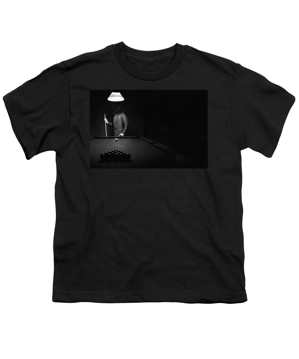 Accuracy Youth T-Shirt featuring the photograph Mystery Pool Player Behind Rack Of by Richard Wear