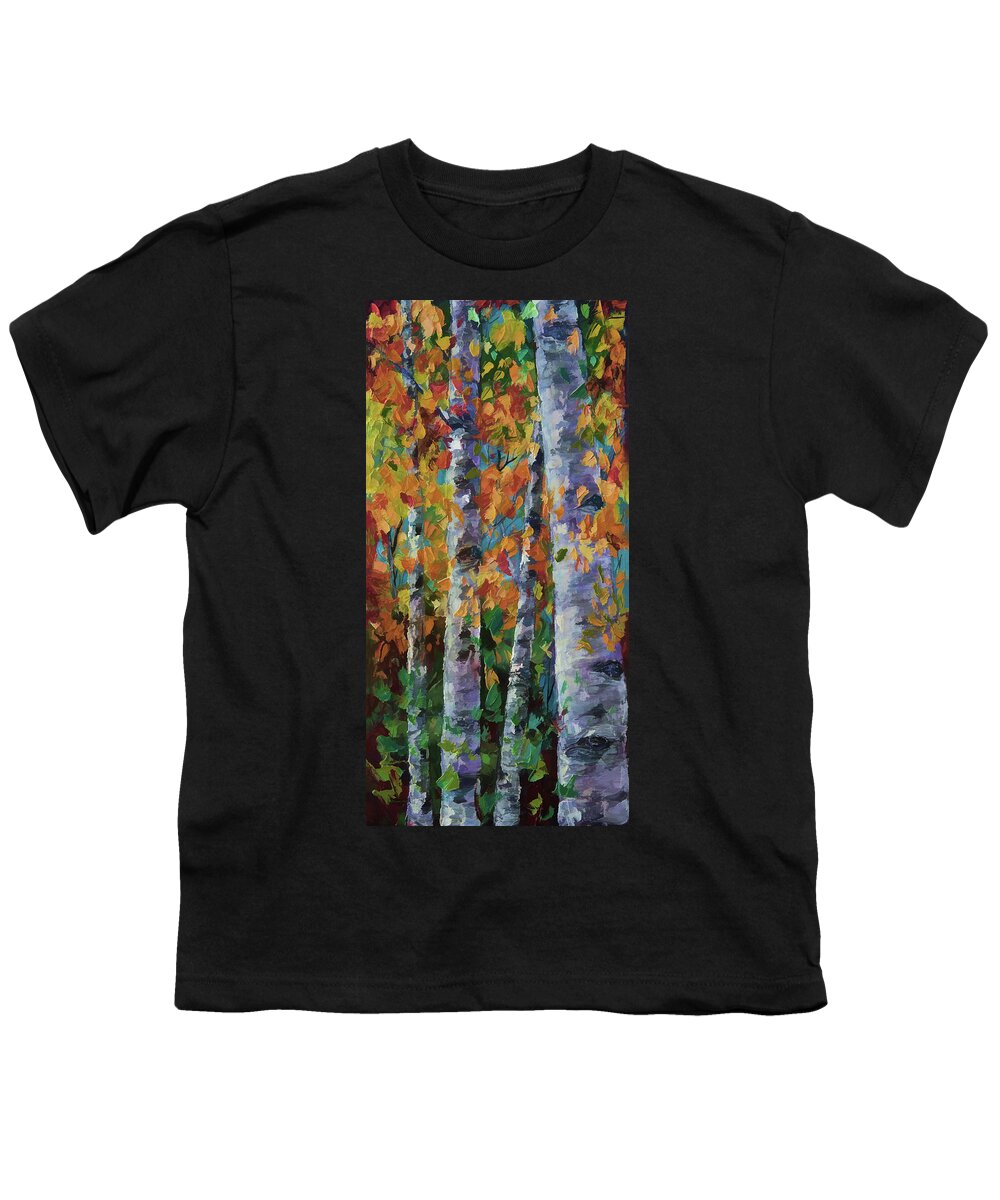 Aspen Youth T-Shirt featuring the painting Birch Trees by Lena Owens - OLena Art Vibrant Palette Knife and Graphic Design