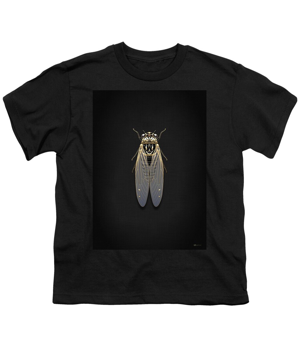 Beasts Creatures And Critters By Serge Averbukh Youth T-Shirt featuring the photograph Black Cicada with Gold Accents on Black Canvas #1 by Serge Averbukh