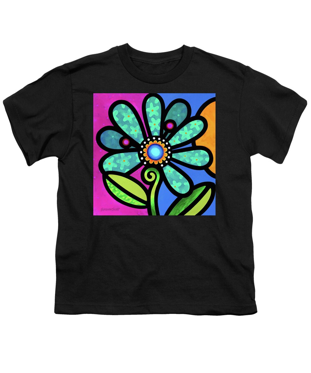 Daisy Youth T-Shirt featuring the painting Cosmic Daisy in Aqua #1 by Steven Scott