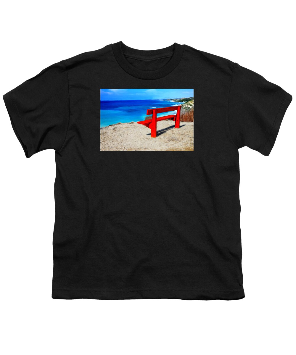 Beach Youth T-Shirt featuring the painting Red Bench on the Beach #1 by Bruce Nutting