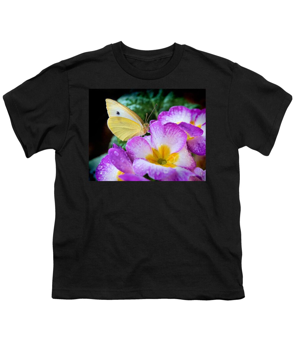 Yellow Youth T-Shirt featuring the photograph Yellow butterfly on purple flower #1 by Lilia S