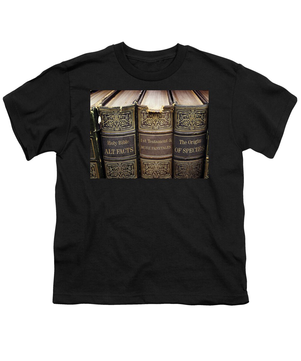 Scholarly Science Bookshelf Youth T-Shirt featuring the photograph Alternative Facts Vs. Logical Truth... or 'DUH' by Susan Maxwell Schmidt