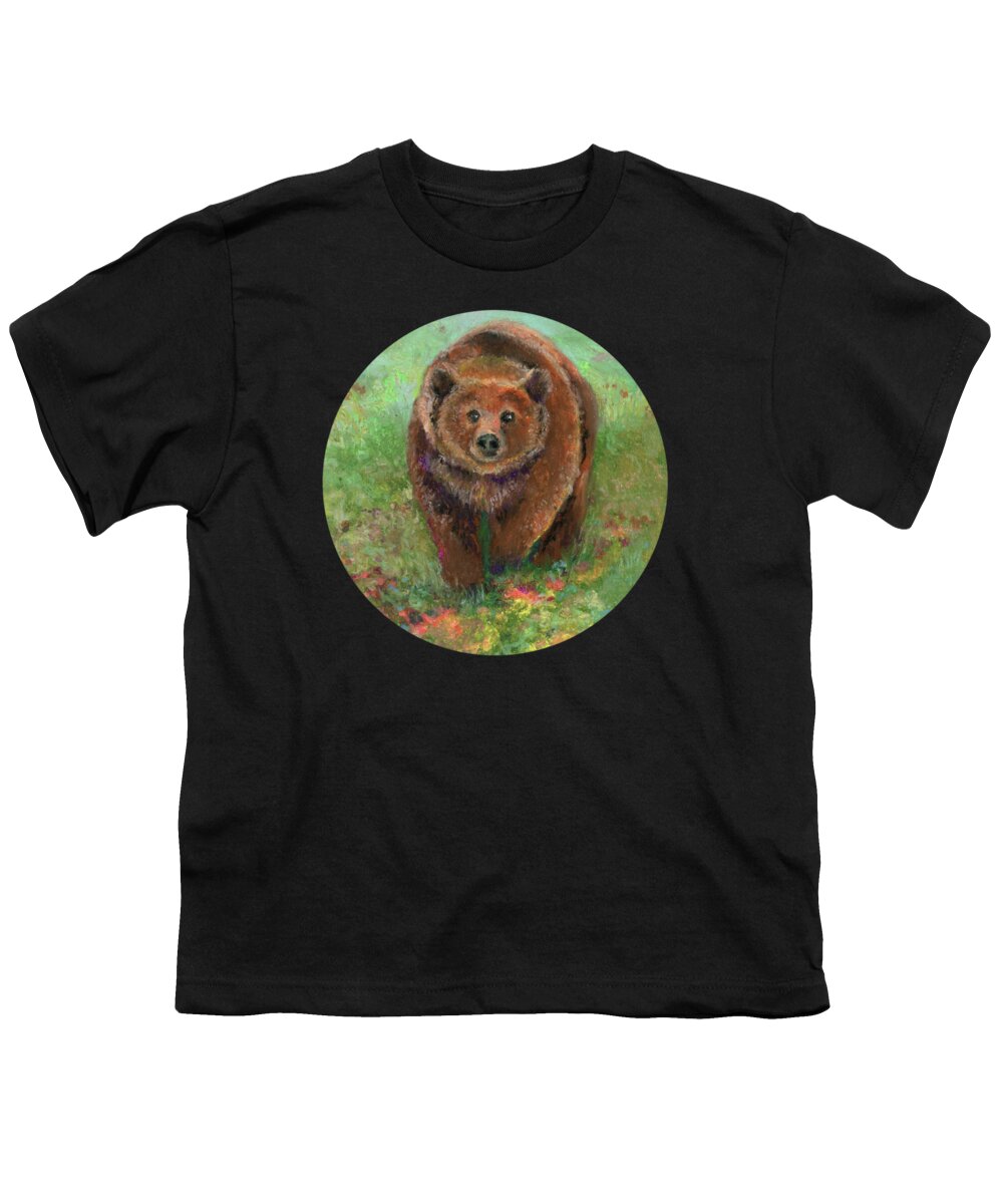 Grizzly Youth T-Shirt featuring the pastel Grizzly in the Meadow by Lauren Heller