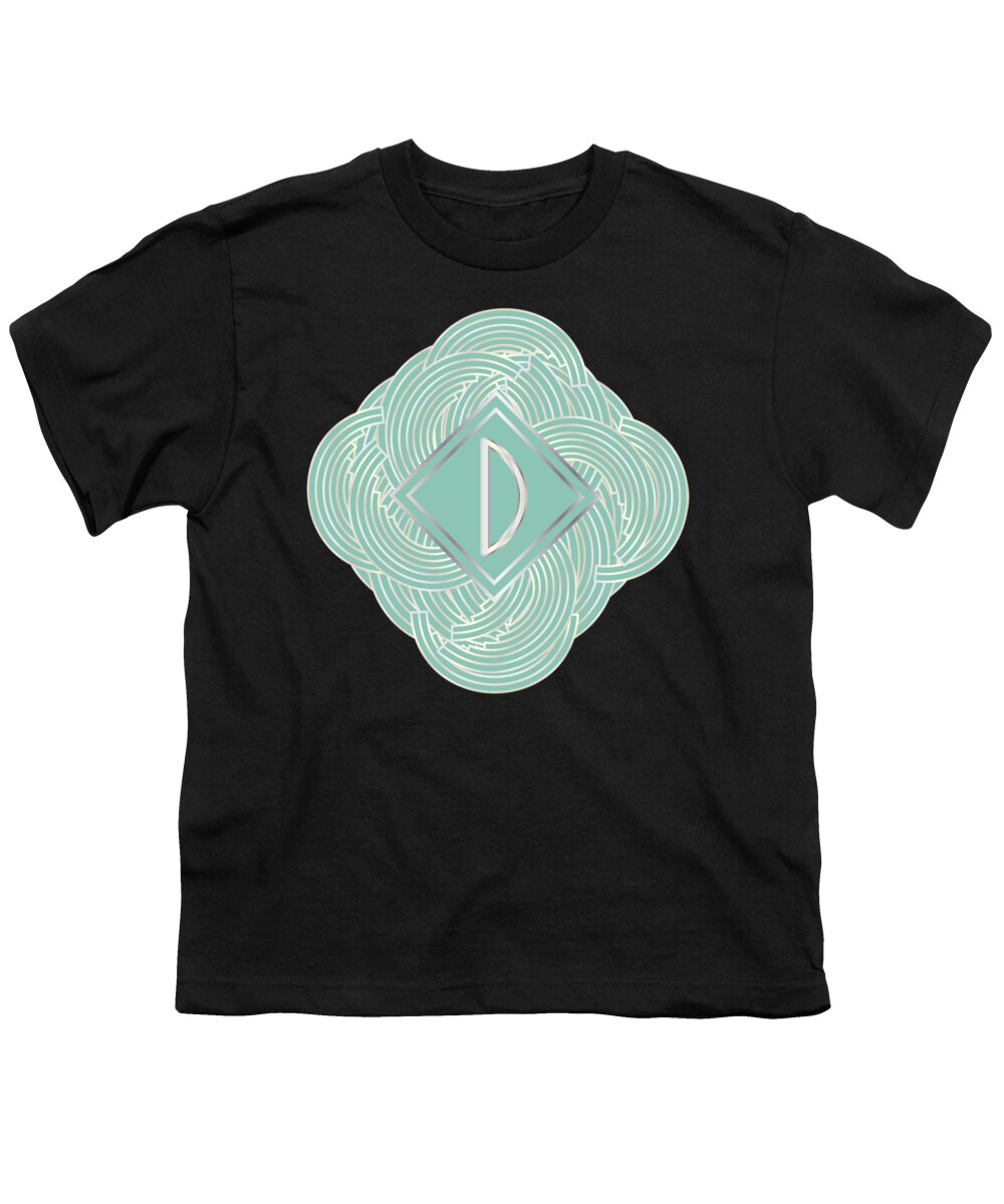 Monogrammed Youth T-Shirt featuring the digital art 1920s Blue Deco Jazz Swing Monogram ...letter D by Cecely Bloom