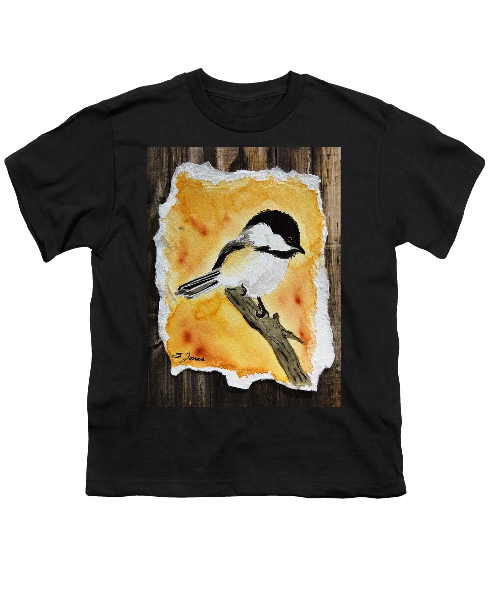 Chickadee Youth T-Shirt featuring the painting Barnwood Chickadee by Sonja Jones