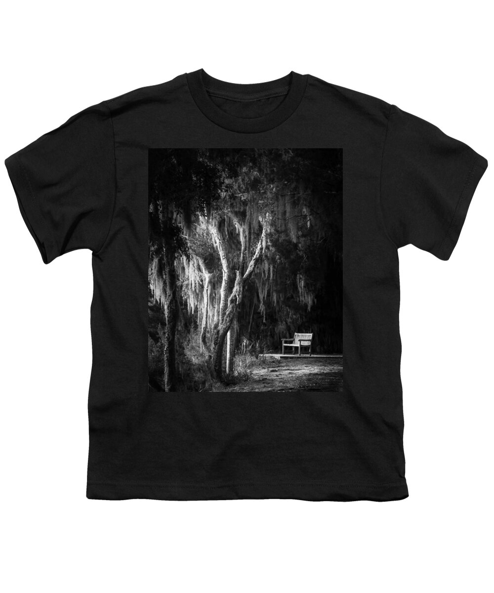 Bench Youth T-Shirt featuring the photograph Bench At Sunset in Black and White by Greg and Chrystal Mimbs
