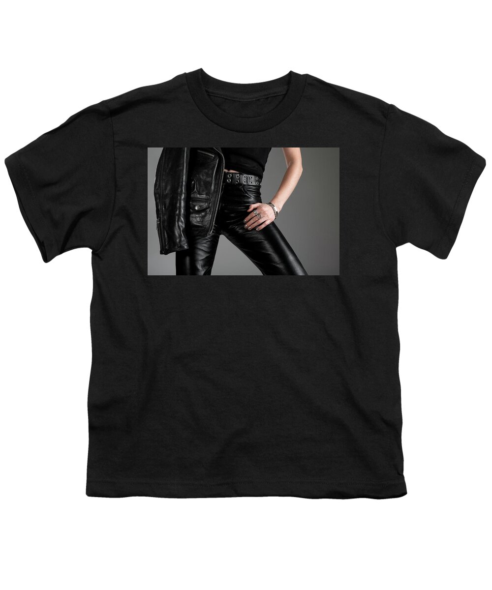 Girl Youth T-Shirt featuring the photograph Black leather pants and jacket by GoodMood Art