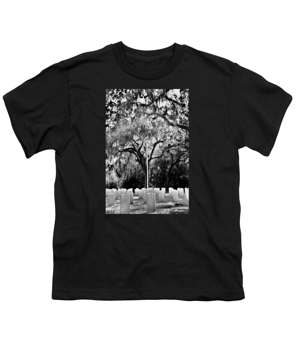 Bonaventure Cemetery Savannah Ga Youth T-Shirt featuring the photograph Bonaventure World War 2 Cemetery Black and White H D R by Lisa Wooten
