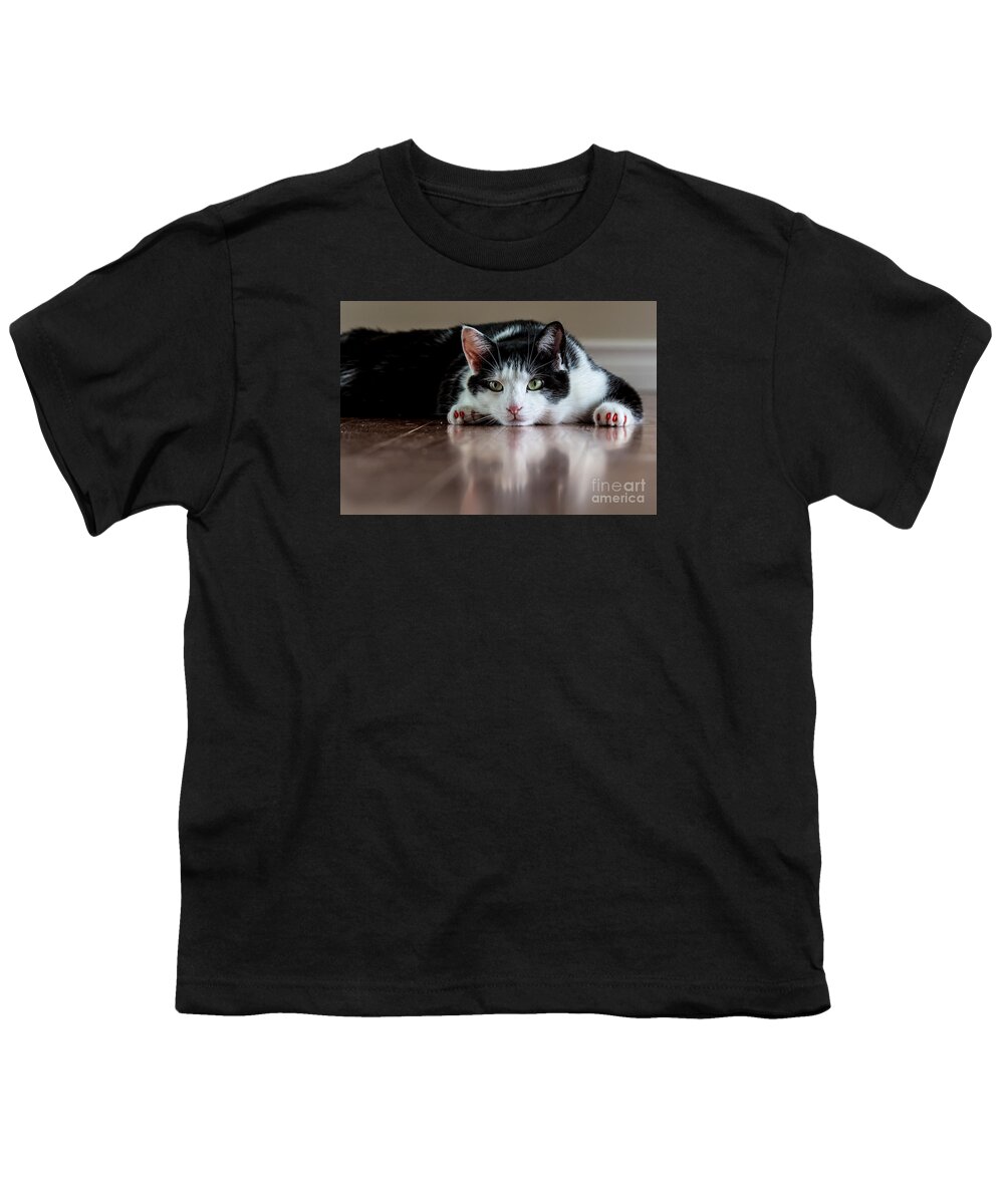 Black Youth T-Shirt featuring the photograph Bored Kitty by Cheryl Baxter