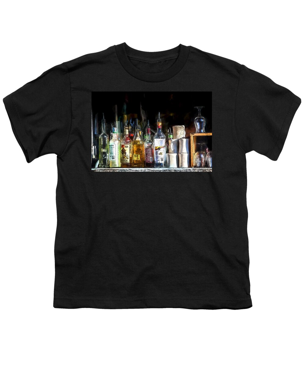 Streets Youth T-Shirt featuring the digital art Bottles in a Restaurant Window by John Haldane