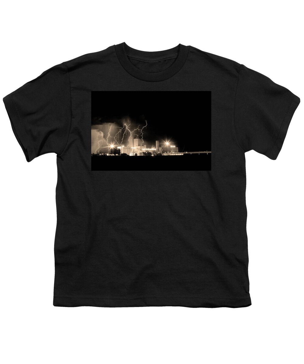 40d Youth T-Shirt featuring the photograph Budweiser Lightning Thunderstorm Moving Out BW Sepia by James BO Insogna