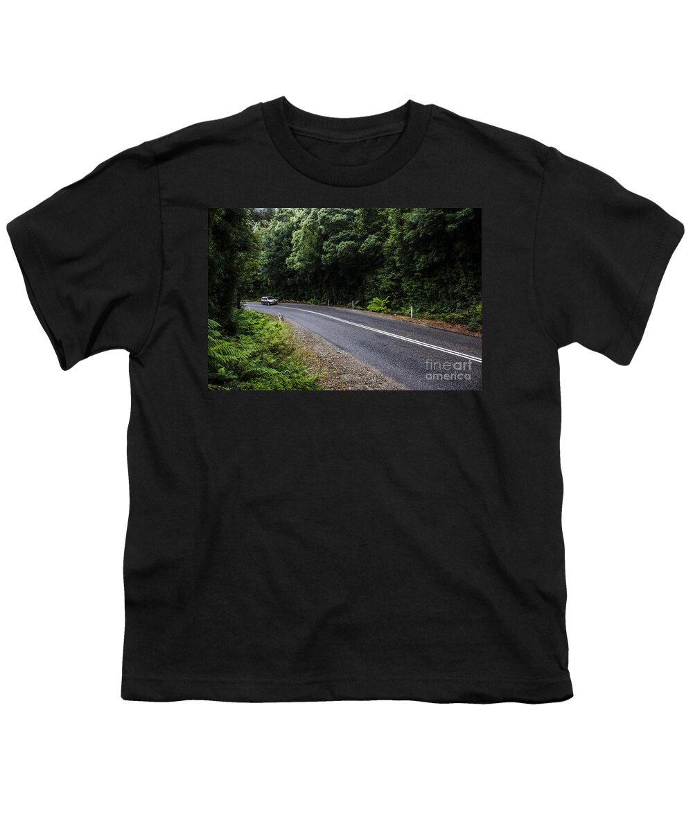 Car Youth T-Shirt featuring the photograph Car travelling through rainforest in West Tasmania by Jorgo Photography