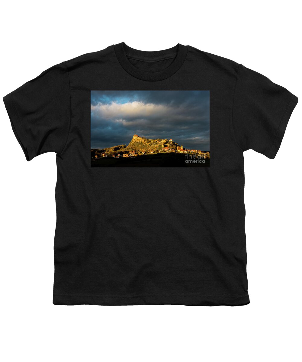 Castle Youth T-Shirt featuring the photograph Castle at Sunset under Thunderstorm by Andreas Berthold