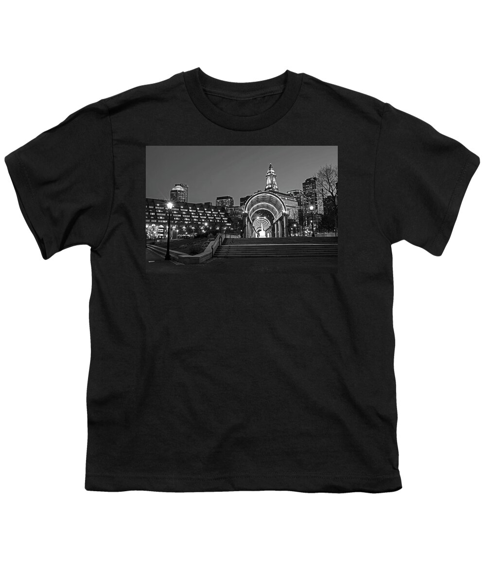 Christopher Youth T-Shirt featuring the photograph Christopher Columbus Park Boston MA Trellis Custom House Black and White by Toby McGuire