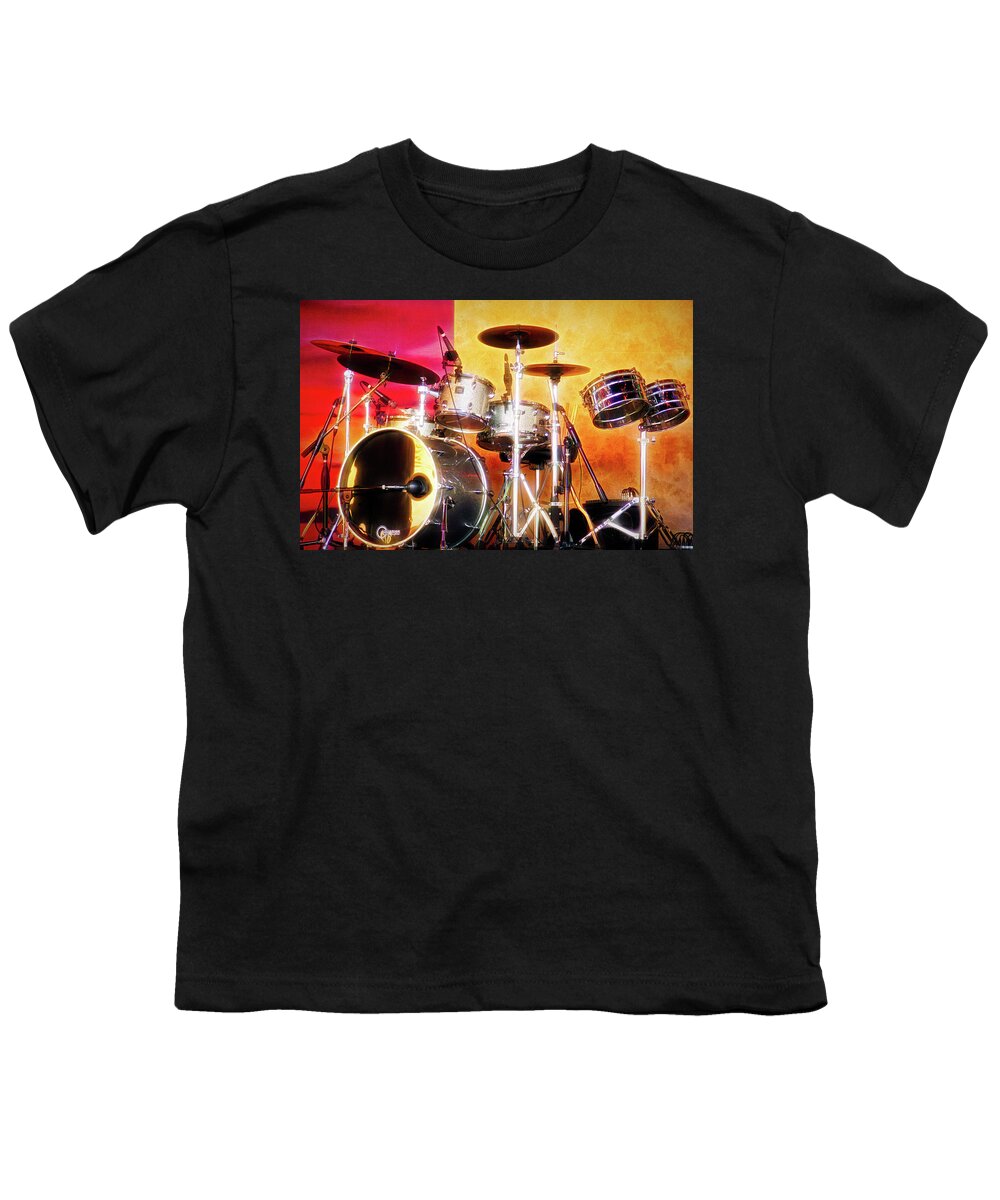 Drum Youth T-Shirt featuring the photograph City Flare Drum Set by Aimee L Maher ALM GALLERY