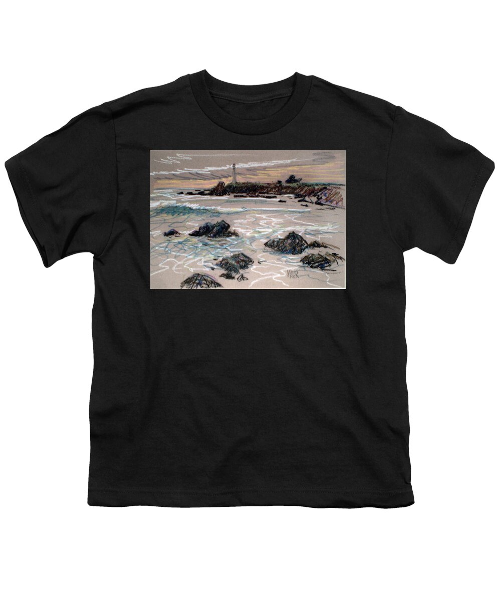 Pigeon Point Lighthouse Youth T-Shirt featuring the drawing Coast at Pigeon Point Lighthouse by Donald Maier