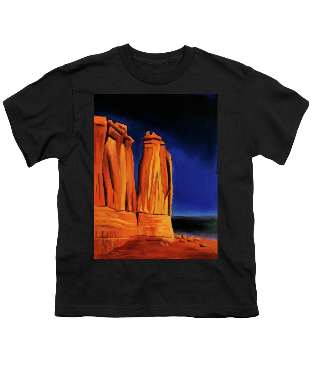 Landscape Youth T-Shirt featuring the painting Courthouse Towers Twilight by Sandi Snead