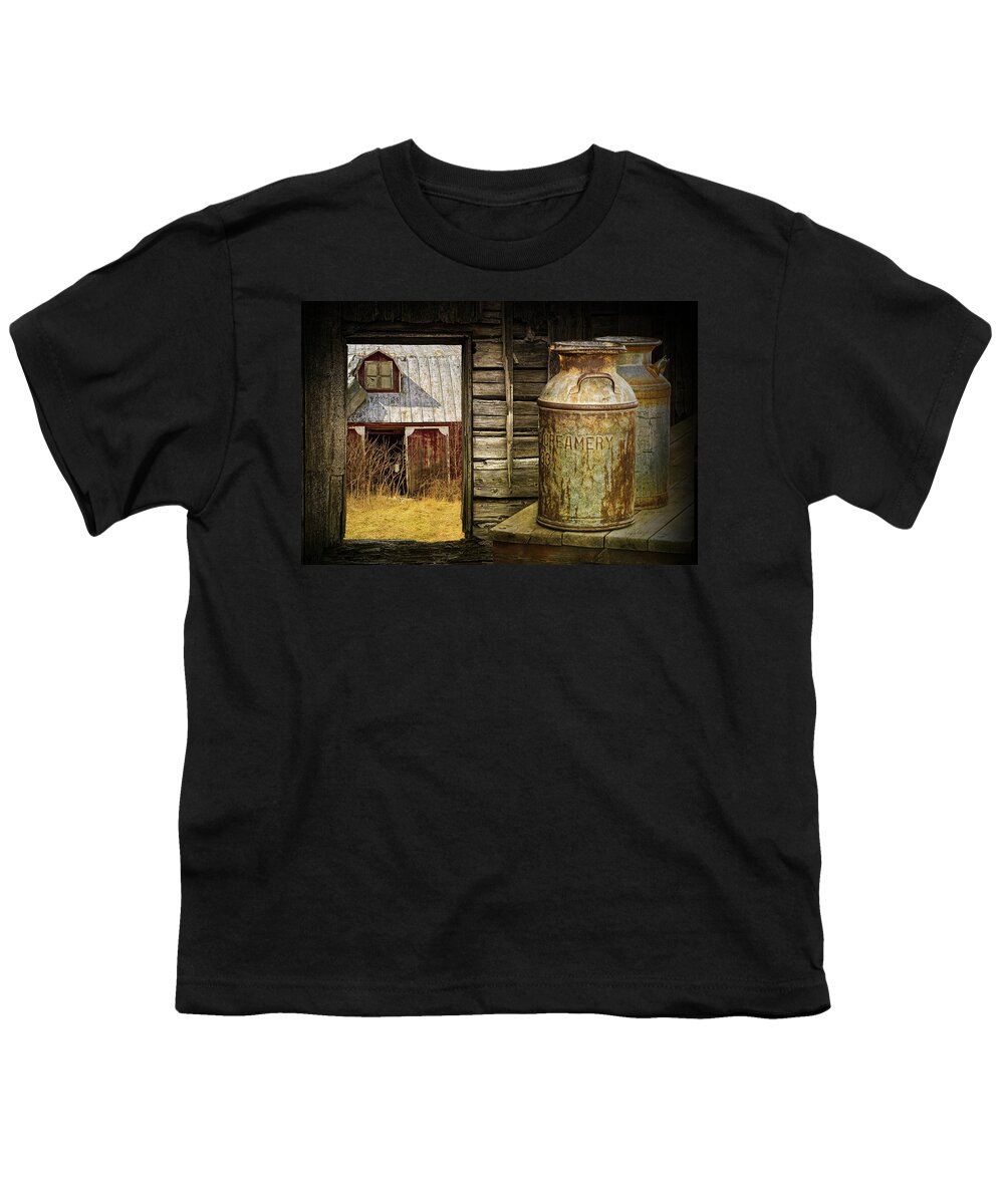 Art & Collectibles Youth T-Shirt featuring the photograph Creamery Milk Cans with Window View of an Old Red Barn by Randall Nyhof