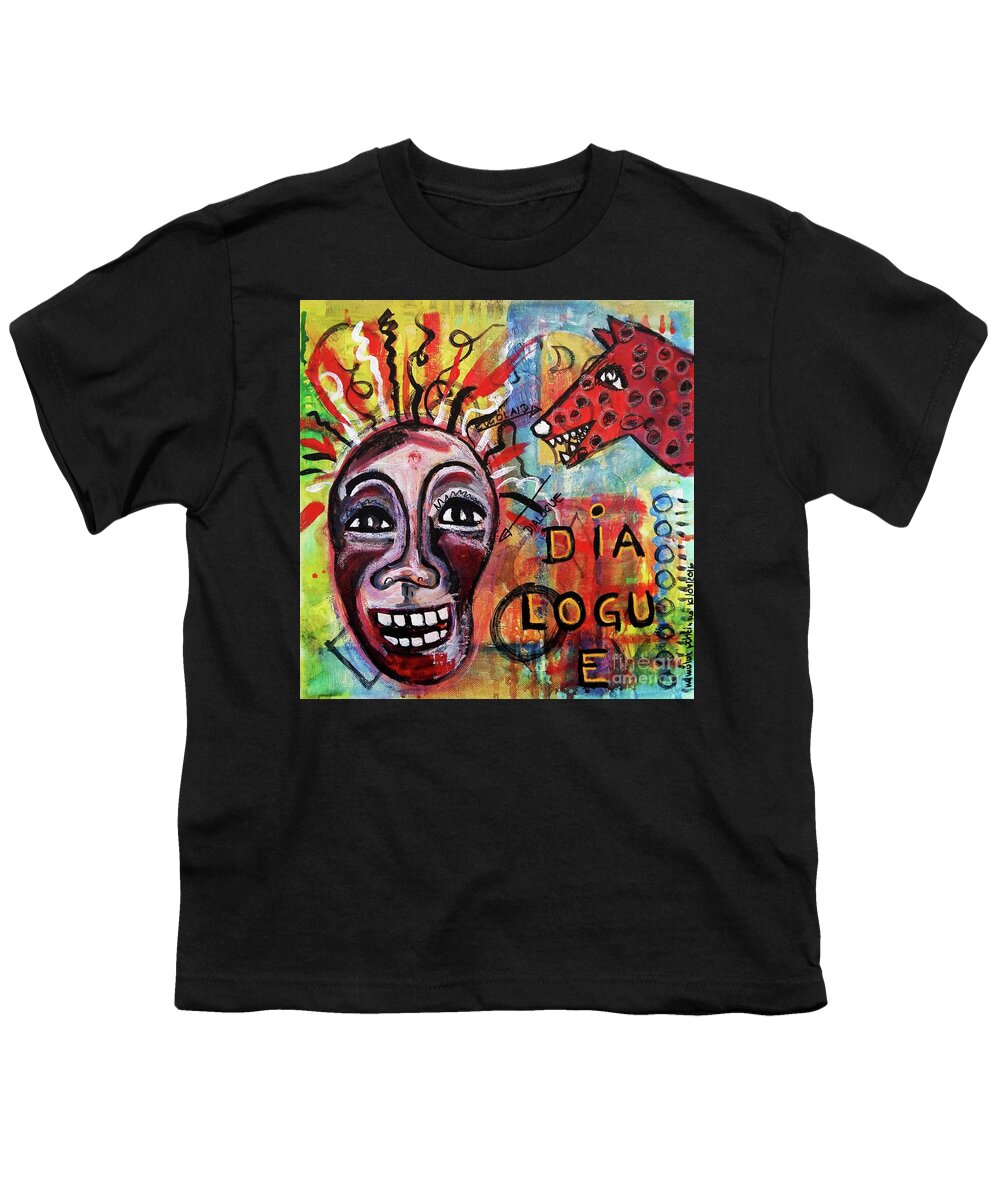 Outsider Art Youth T-Shirt featuring the mixed media Dialogue Between Red Dawg And Wildwoman-self by Mimulux Patricia No