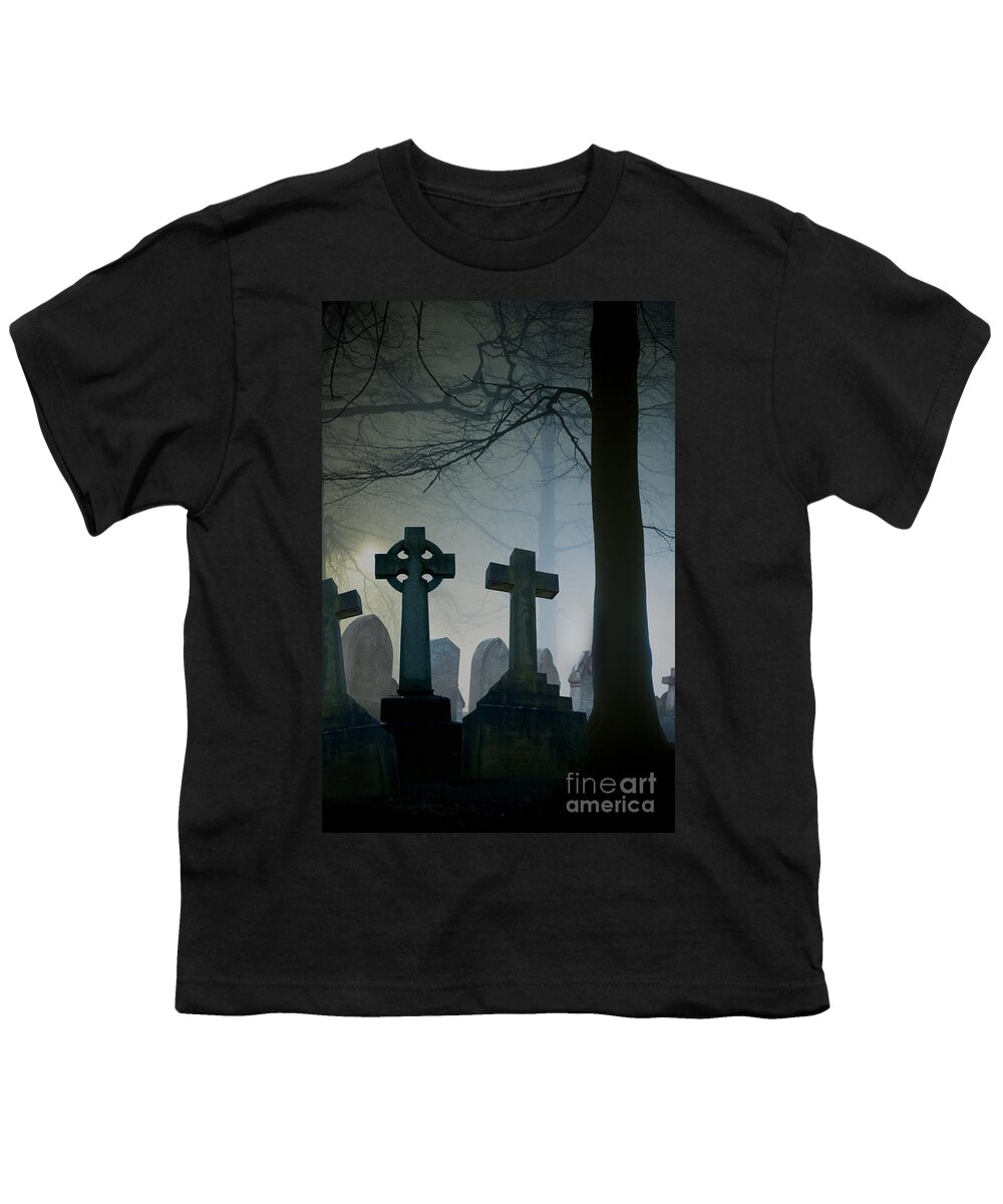 Graves Youth T-Shirt featuring the photograph Eerie Graveyard At Night In Winter Fog by Lee Avison