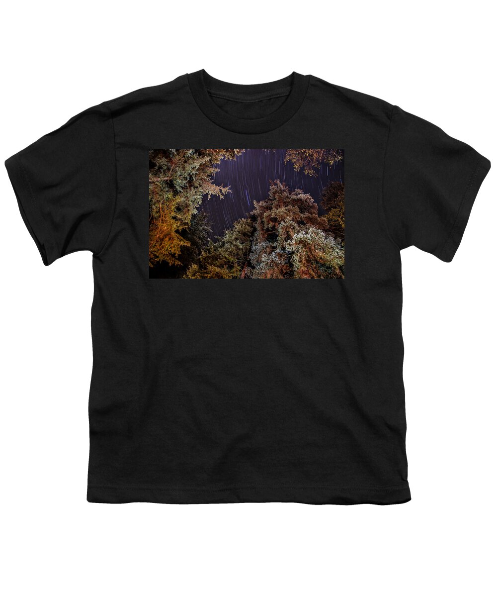 Star Trail Youth T-Shirt featuring the photograph Evergreen Trees Star Trails by Pelo Blanco Photo