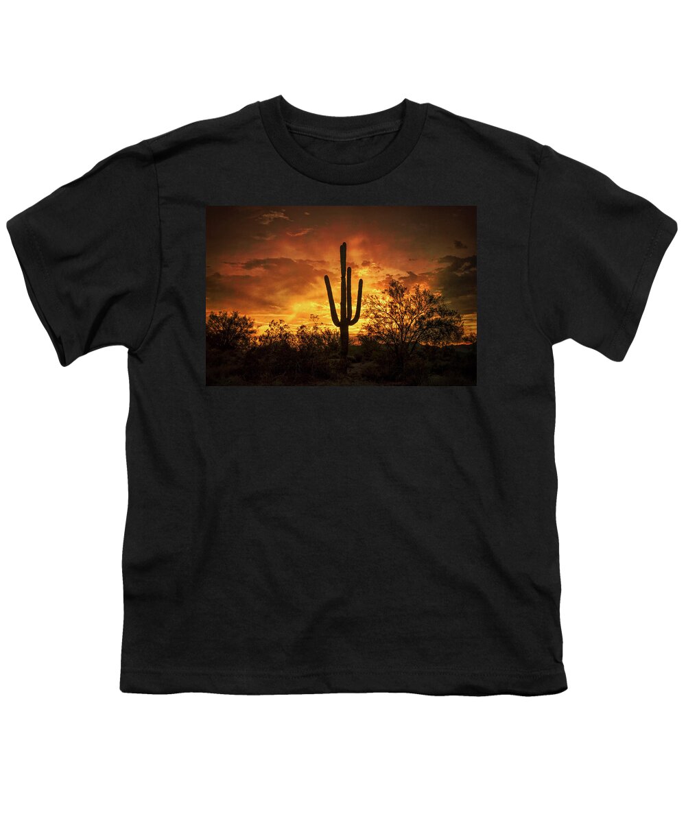 Saguaro Sunset Youth T-Shirt featuring the photograph Fiery Desert Skies by Saija Lehtonen