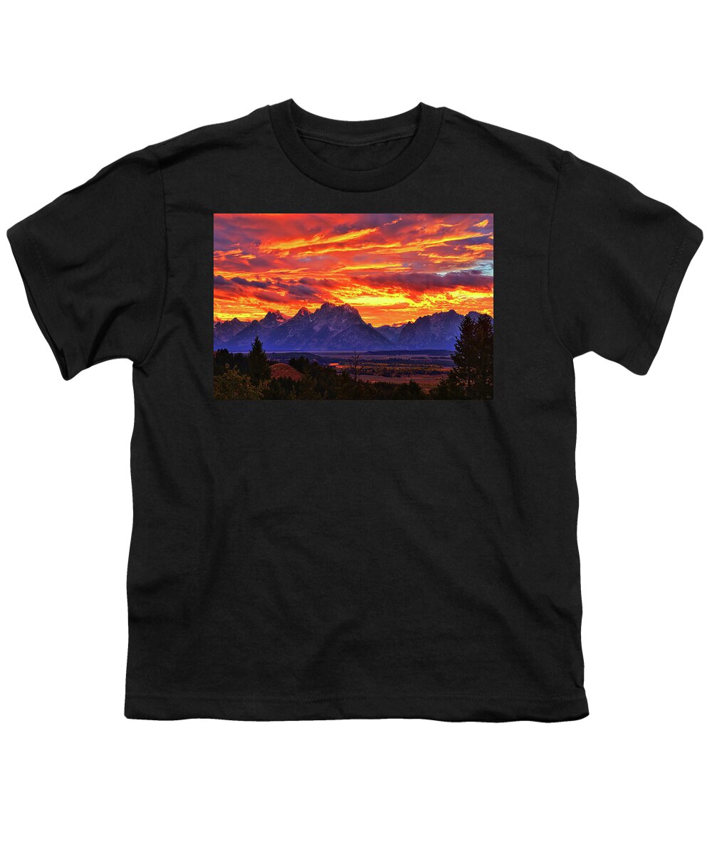 Tetons Youth T-Shirt featuring the photograph Fire In The Teton Sky by Greg Norrell