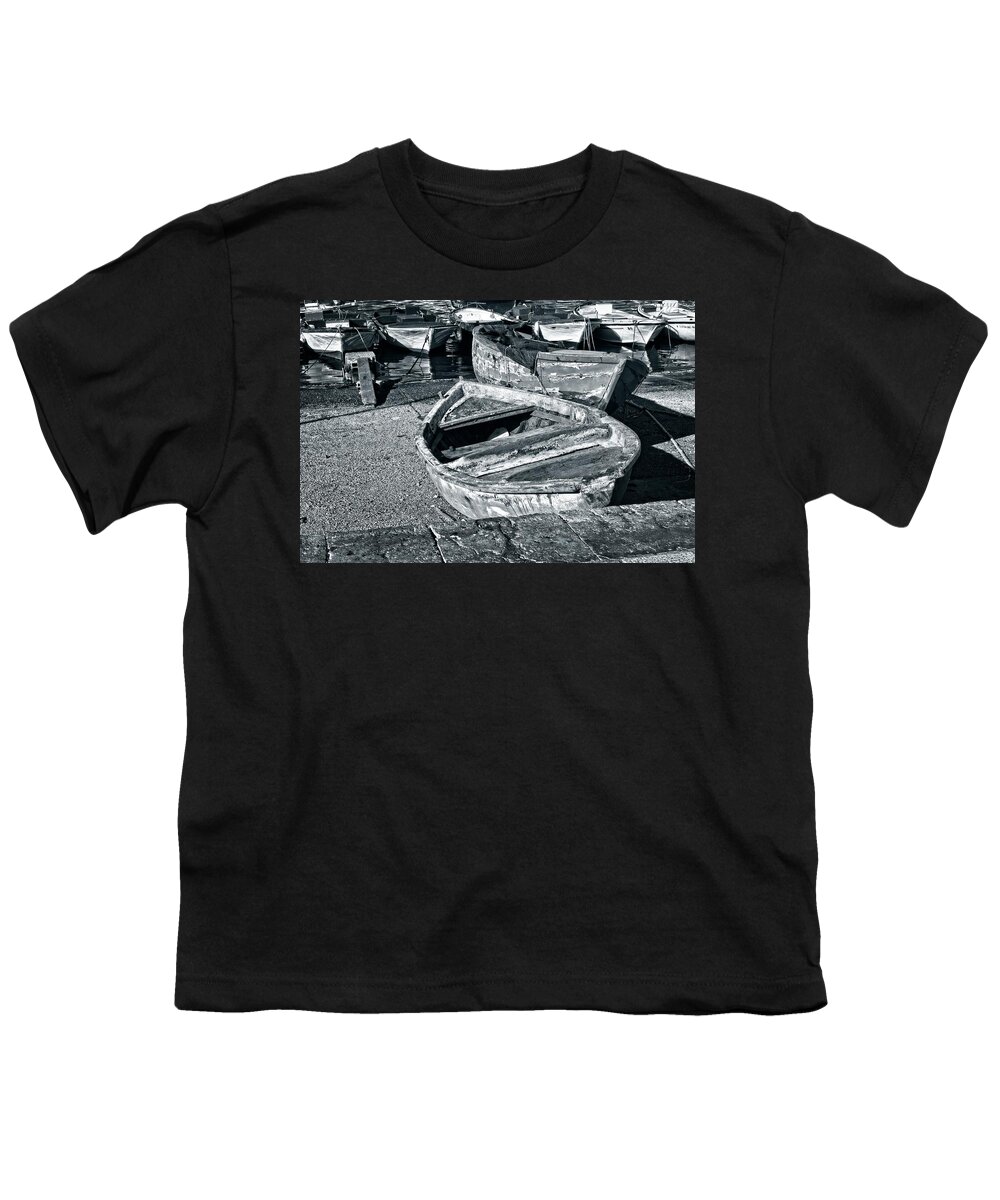 Black And White Photographyy Youth T-Shirt featuring the photograph Fishing Boats Vintage and New by Allan Van Gasbeck