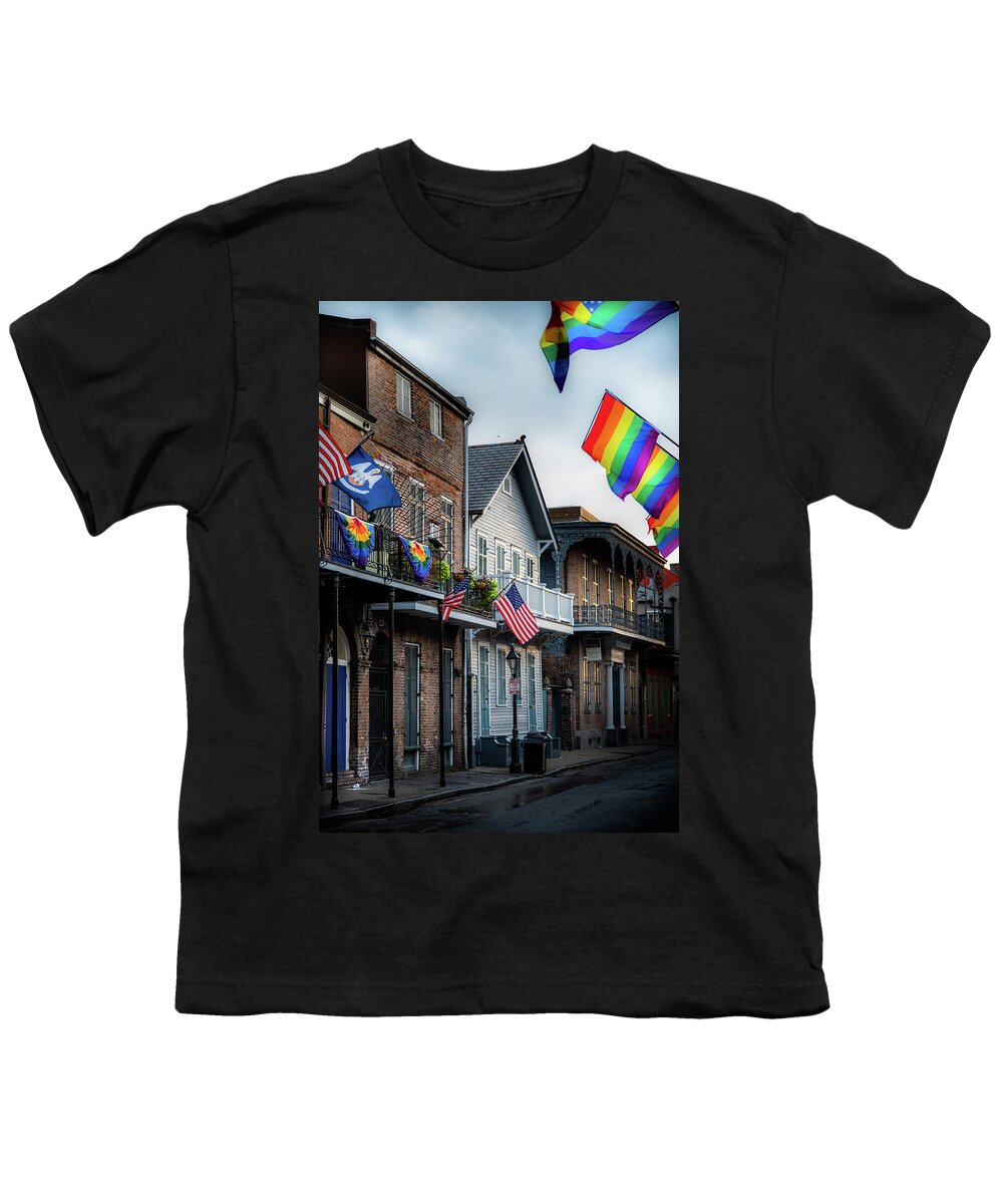 Fine Art New Orleans Youth T-Shirt featuring the photograph Flags On Bourbon by Greg and Chrystal Mimbs