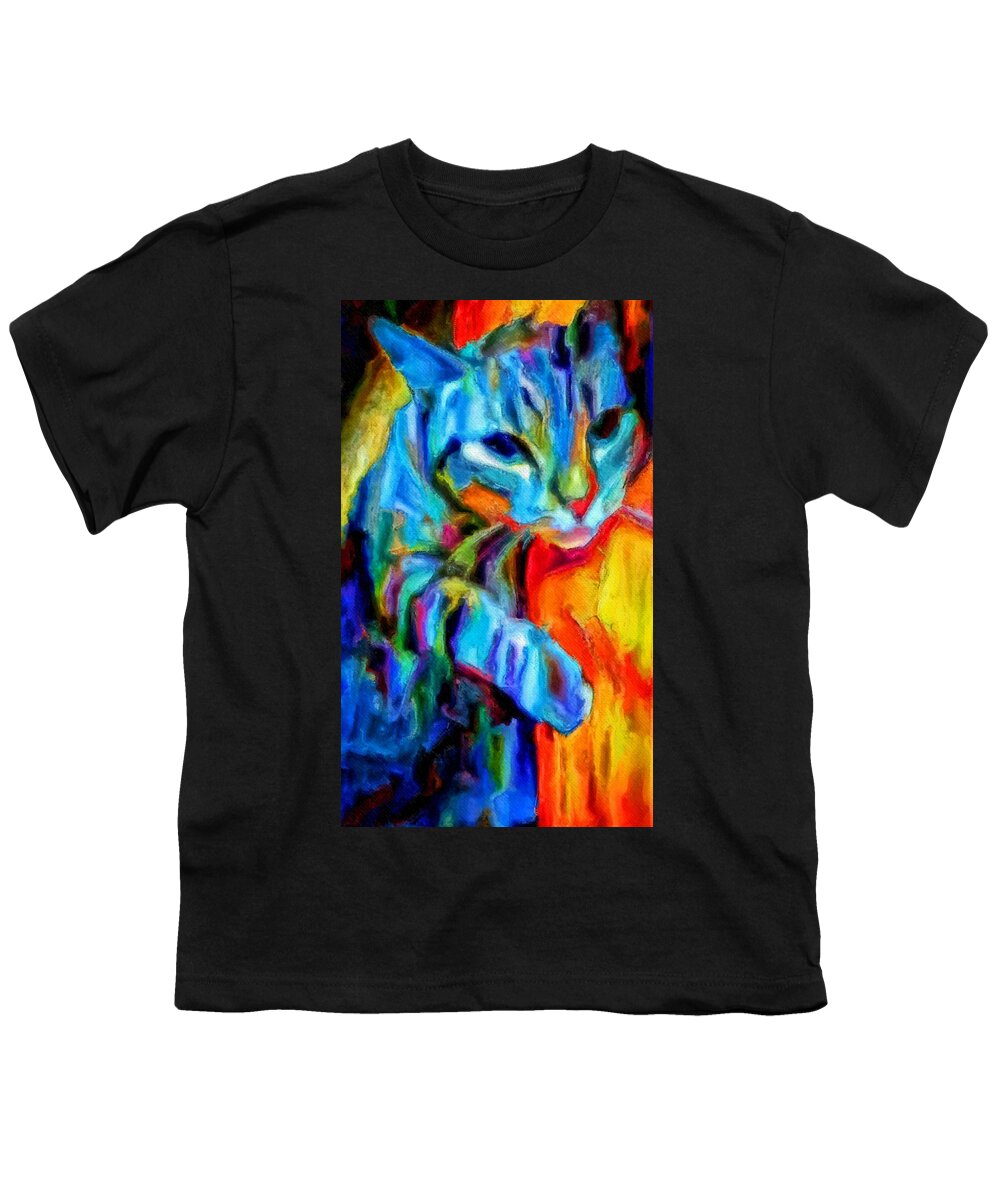 Flaming Youth T-Shirt featuring the painting Flaming blue and orange kitty cat tiger resting gently from the prowl by MendyZ