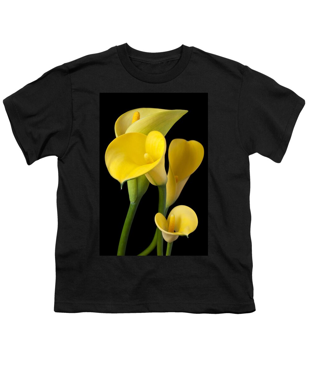 Yellow Youth T-Shirt featuring the photograph Four yellow calla lilies by Garry Gay