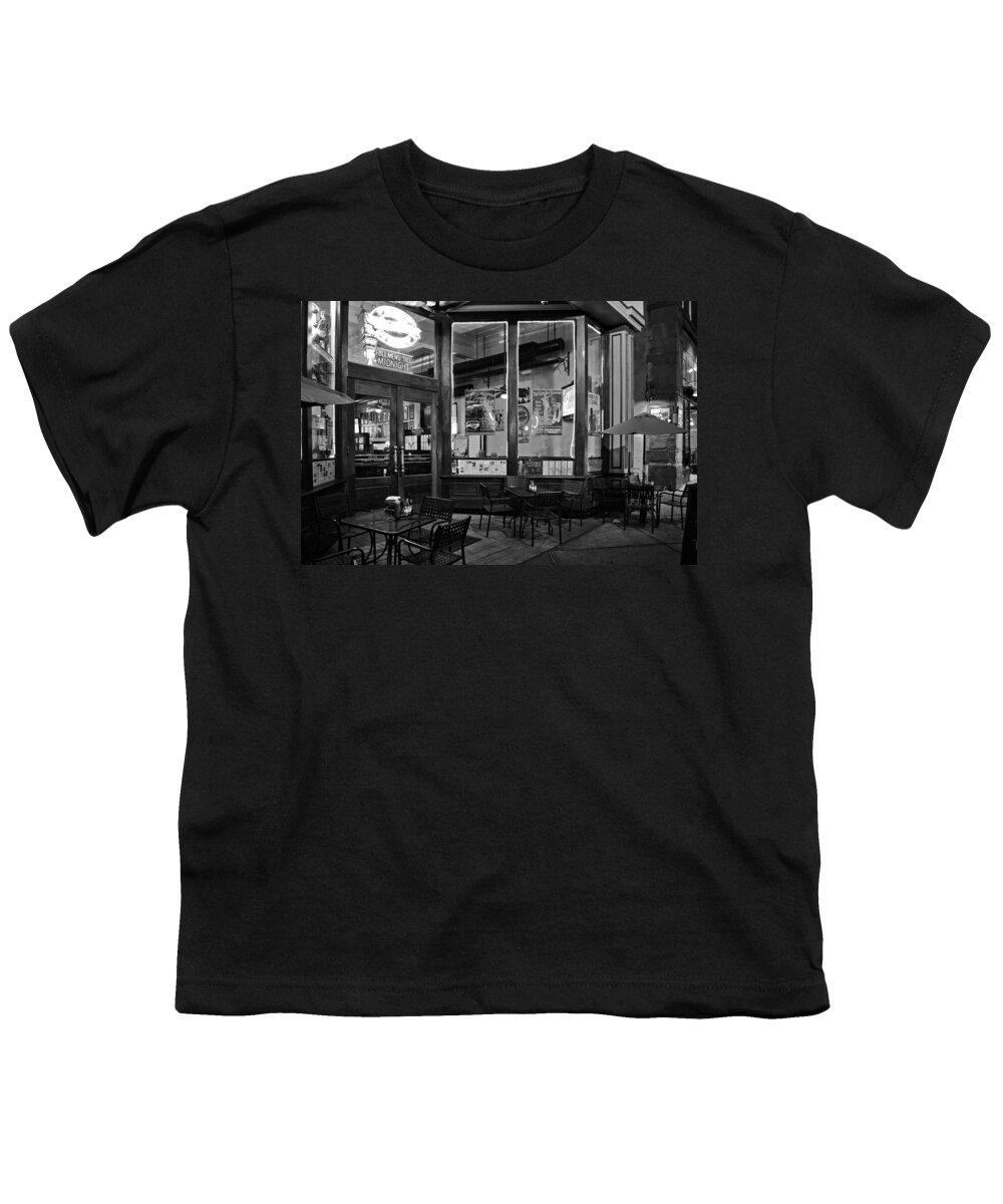 Front Street Youth T-Shirt featuring the photograph Front Street Brewery in Black and White by Greg and Chrystal Mimbs
