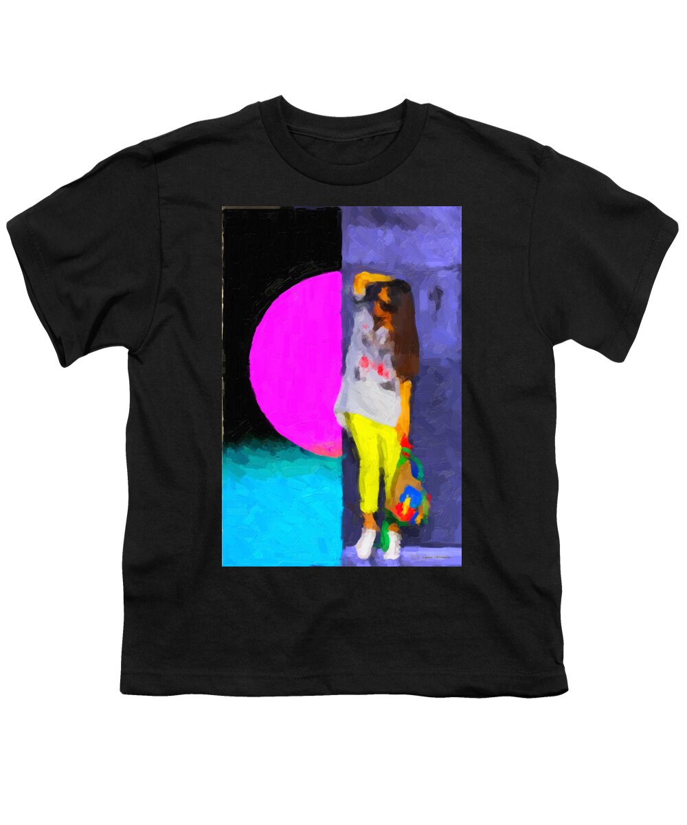 'hey Youth T-Shirt featuring the digital art Girl Wearing Yellow Jeans by Serge Averbukh