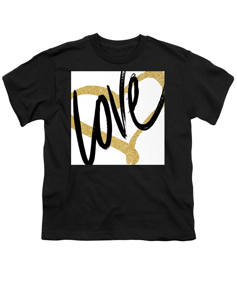 Gold Youth T-Shirt featuring the painting Gold Heart Black Script Love by South Social Studio