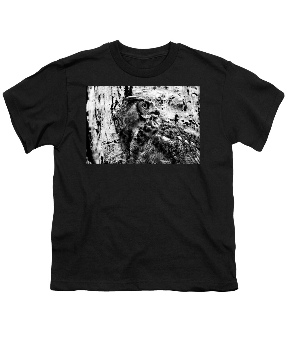 Great Horned Owl In Black And White Youth T-Shirt featuring the photograph Great Horned Owl in Black and White by Tracy Winter