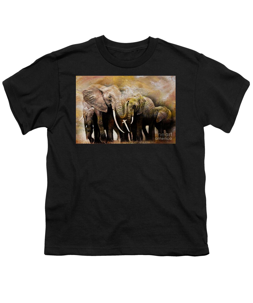 Giraffe Youth T-Shirt featuring the painting Group of Elephants 01 by Gull G