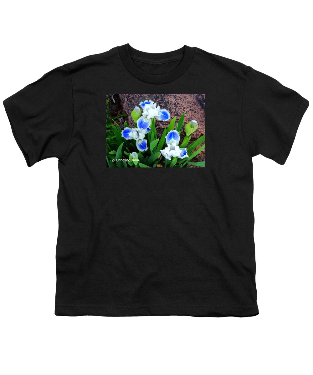 Iris Youth T-Shirt featuring the photograph In the Garden - Blue-eyes Iris by Chholing Taha