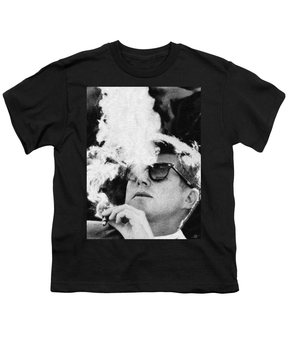 President Youth T-Shirt featuring the painting John F Kennedy Cigar and Sunglasses Black And White by Tony Rubino