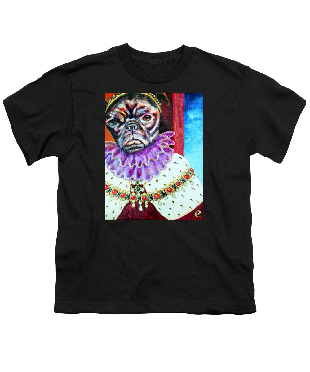 Pug Youth T-Shirt featuring the painting Joji by Linda Markwardt