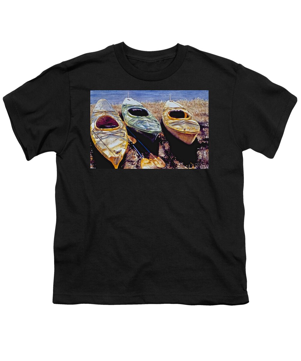 Landscape Youth T-Shirt featuring the painting Kayaks by Barbara Pease