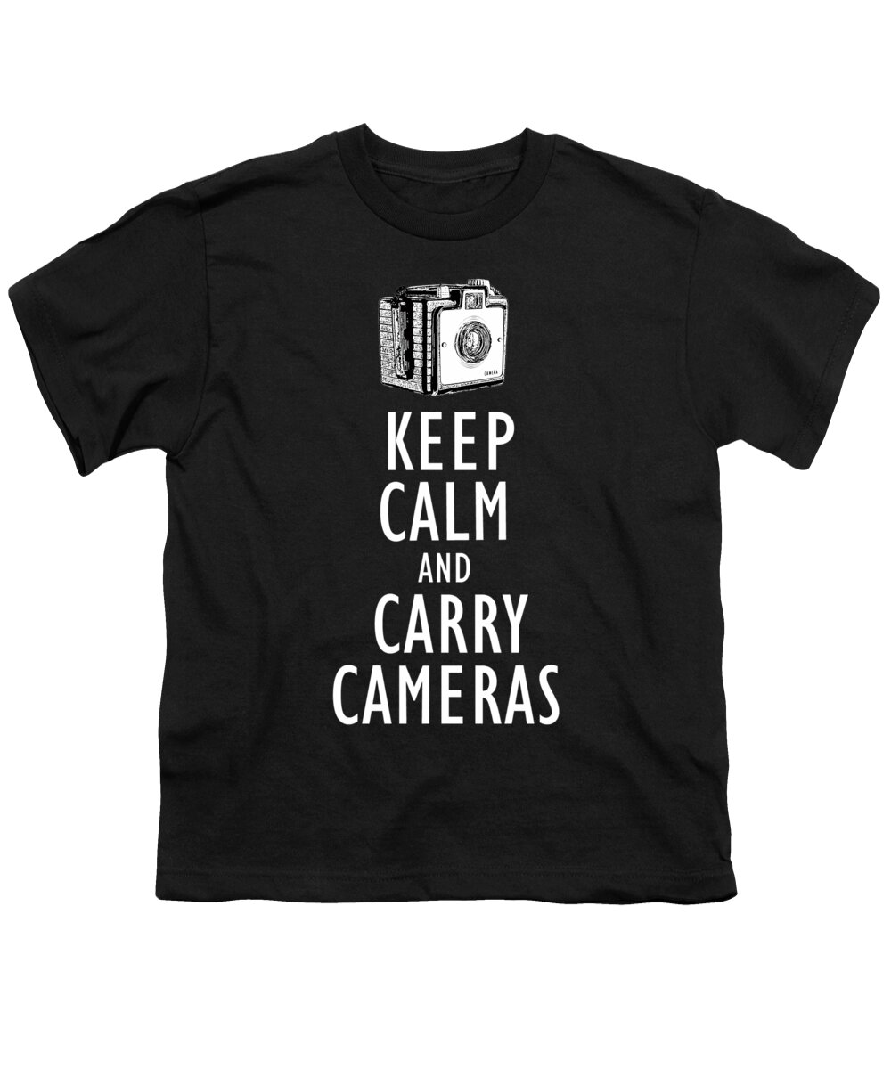 Photographer Youth T-Shirt featuring the drawing Keep Calm and Carry Cameras tee by Edward Fielding