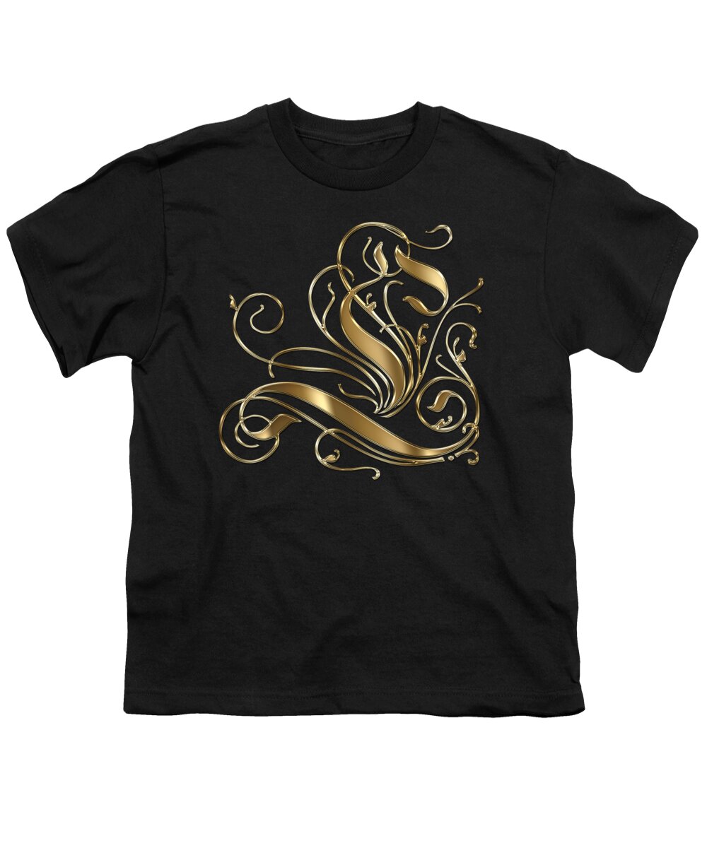Golden Letter L Youth T-Shirt featuring the painting L Golden Ornamental Letter Typography by Georgeta Blanaru