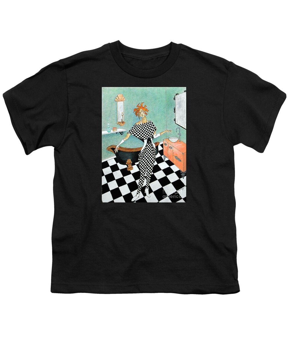 Bathroom Scene Youth T-Shirt featuring the painting La Toilette -- Woman in Whimsical Art Deco Bathroom by Jayne Somogy