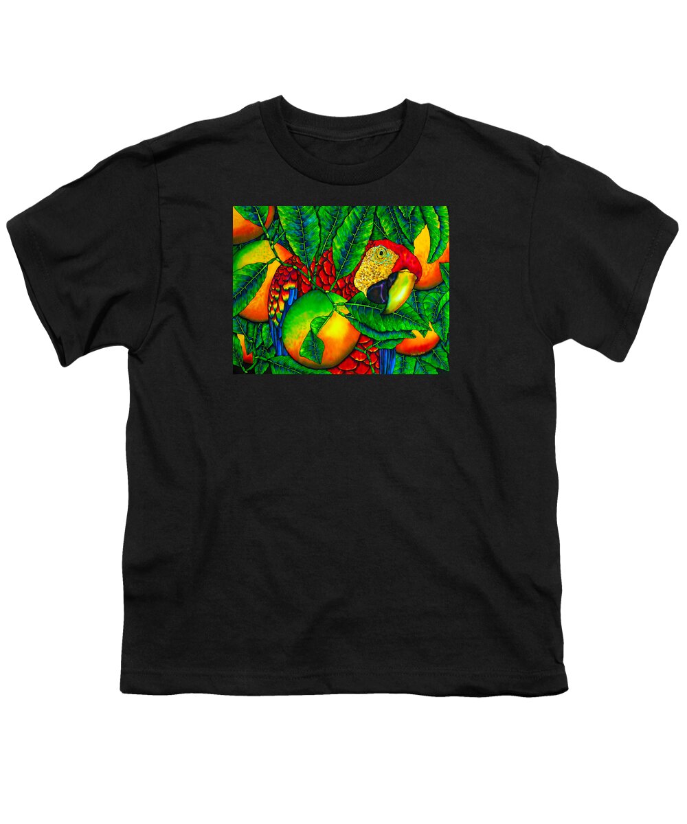 Scarlet Macaw Youth T-Shirt featuring the painting Macaw and Oranges - Exotic Bird by Daniel Jean-Baptiste