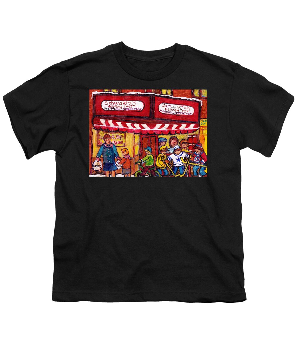 Schwartz Youth T-Shirt featuring the painting Montreal Landmarks For Sale Schwartz's Deli Winterscenes Hockey Art For Sale by Carole Spandau