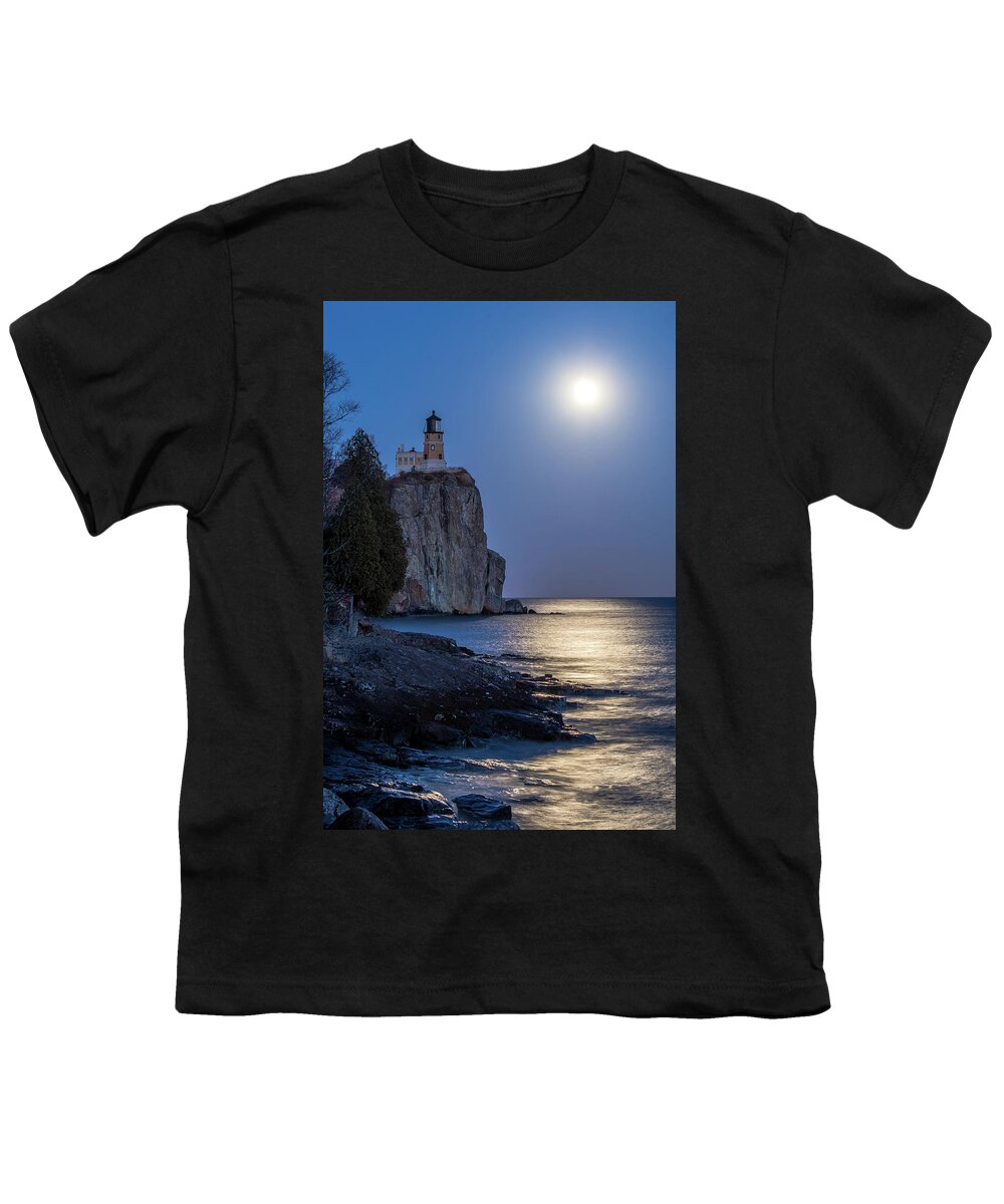 Split Rock Lighthouse Youth T-Shirt featuring the photograph Moon Light On Split Rock by Paul Freidlund