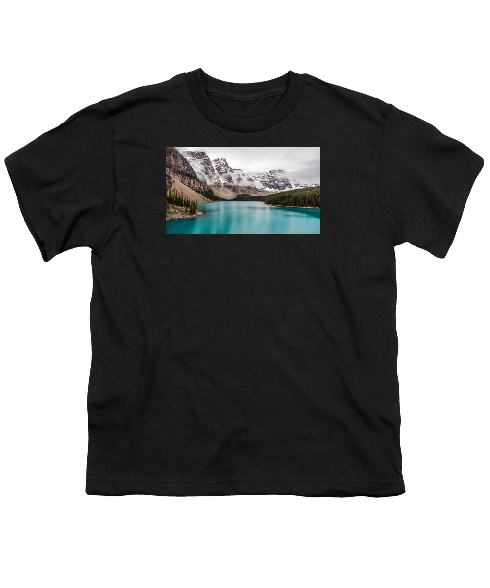 5dsr Youth T-Shirt featuring the photograph Moraine Lake in the Clouds by Pierre Leclerc Photography