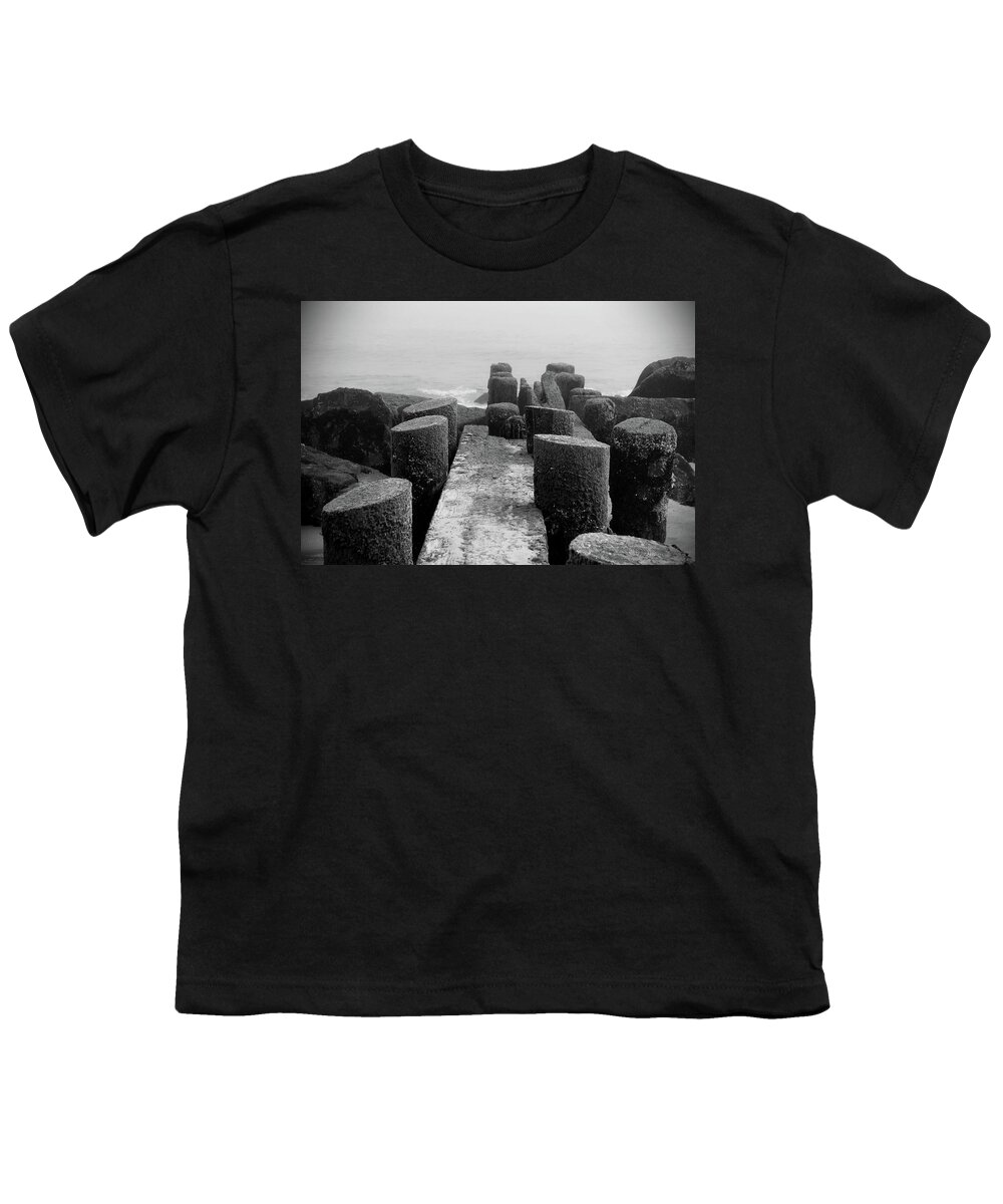 Jersey Shore Youth T-Shirt featuring the photograph Mossy Jetty in Black and White - Jersey Shore by Angie Tirado