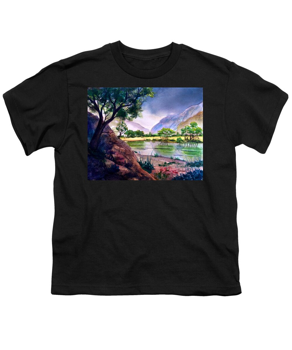 Mountains Youth T-Shirt featuring the painting Mountain Lake Memories by Frank SantAgata